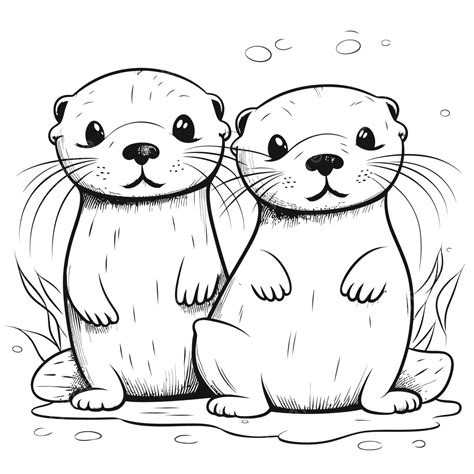 Otters Pair Coloring Pages Cute And Adorable Coloring Pages Otters Outline Sketch Drawing Vector ...