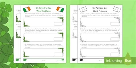 St. Patrick's Day Mixed-Skill Math Word Problems for K-2nd Grade