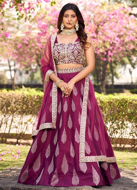 3 Pc Wine Silk Readymade Lehenga Set
