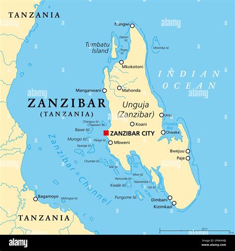 Zanzibar Island, Unguja, Tanzania, political map. Largest, most populated island of the Zanzibar ...