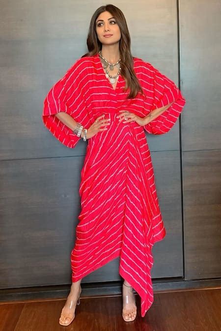 Buy Pink Bandhani Crepe V Neck Kimono Draped Dress For Women by Nupur ...