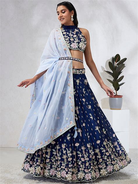 Captivating Navy Blue Sequinned Lehenga Choli Set with Threa