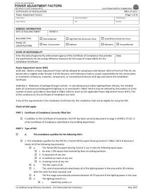 California Power Adjustment Factors Certificate of Installation - Blank ...