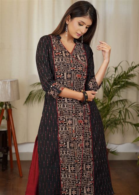 Unique Straight Cut Cotton Ikat kurta with Ajrakh Animal Print Front P ...