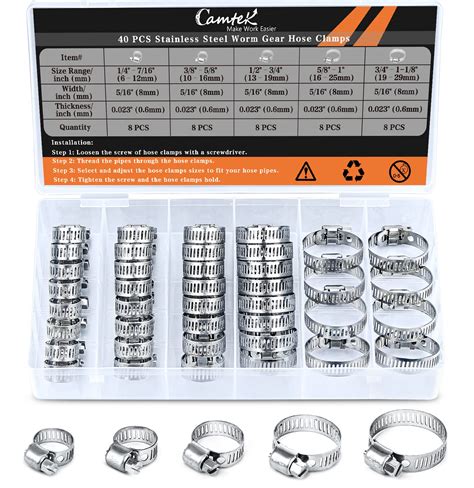 Buy 40PCS Hose Clamps, Camtek Stainless Steel Adjustable 6-29mm Range ...