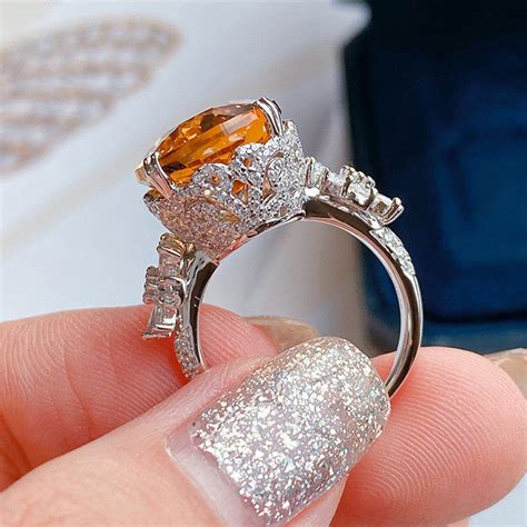Silver Plated American Diamond Crushed Ice Cut Yellow Oval Finger Ring ...