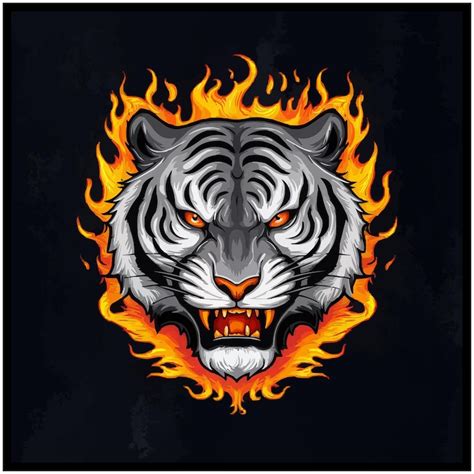 A fierce gray and white tiger with glowing eyes engulfed in vibrant ...