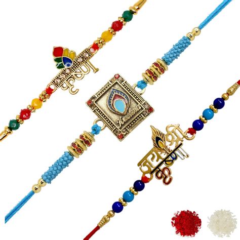 Krishna Bracelet Combo Set of 3 Rakhi with Roli Chawal & Gift Card Rak ...