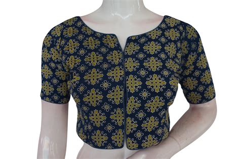 Navy Blue Color Ajrakh Boat Neck Cotton Readymade Blouse, Indian Desig ...