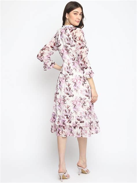 Lilac 3/4 Sleeve Printed Maxi Dress With Ruffles