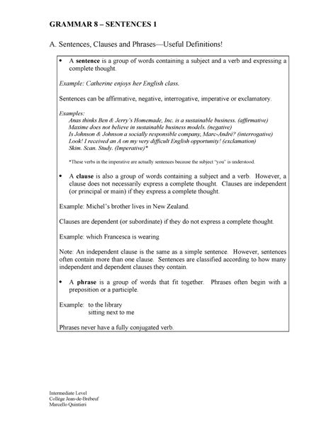 Grammar 8-Sentences 1 - A. Sentences, Clauses and Phrases—Useful ...