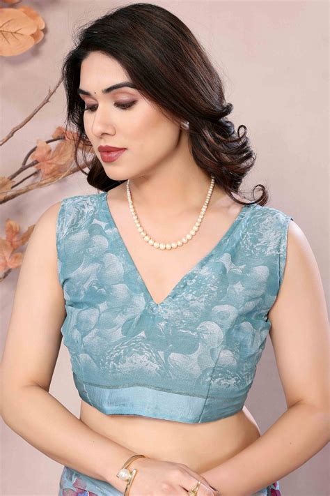 Sky Blue Floral Printed Satin Saree