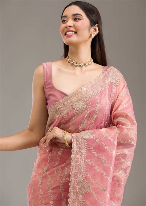 Buy Pink Zariwork Art Silk Saree - Koskii
