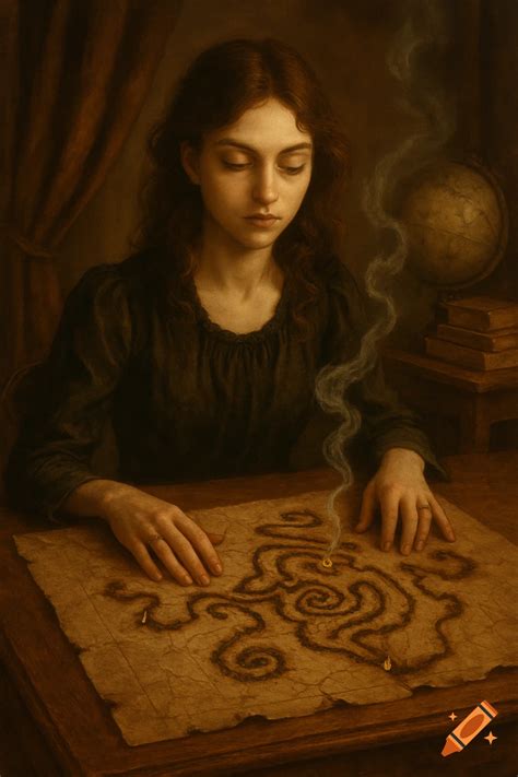 A young woman with long wavy hair looks at a burned, maze-like map on a table with smoke rising ...