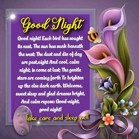 Good Night Poem with Flowers on Purple Background