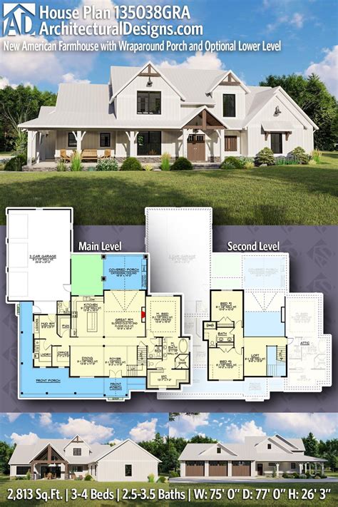 Plan 135038GRA: 3-Bed New American Farmhouse with Wrap-around Porch and ...