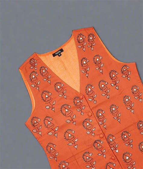 Hand-Painted Orange Madhubani Cotton Waistcoat for Women | Peepal Clothing