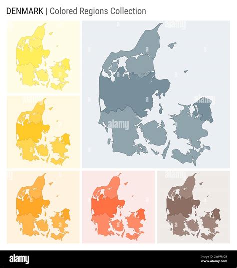 Denmark map collection. Country shape with colored regions. Blue Grey, Yellow, Amber, Orange ...
