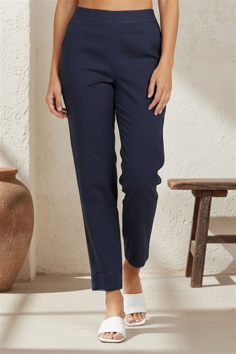 Buy Navy Solid Pure Cotton Straight Fit Ankle Length Trousers Online ...
