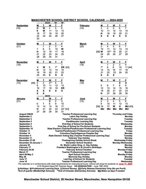 Manchester School District Calendar 2025-2026 in PDF