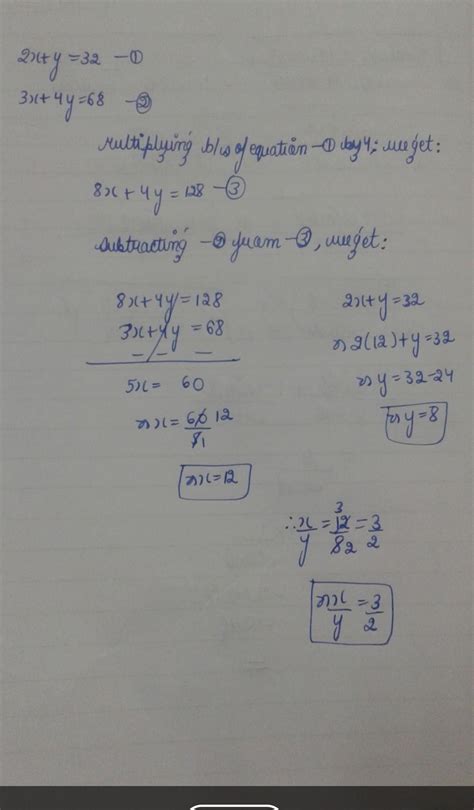Simultaneous Linear equation :- If 2x+y=32 and 3x+4y=68, find the value ...