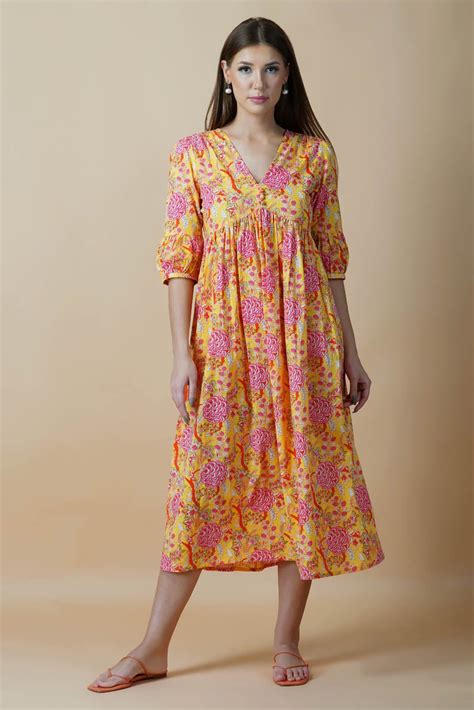 Yellow Floral Block Printed V-Neck Dress With Flared Hem & Pleated Sle ...