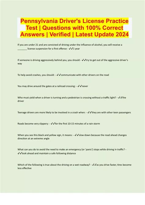 Pennsylvania Driver's License Practice Test | Questions with 100% ...