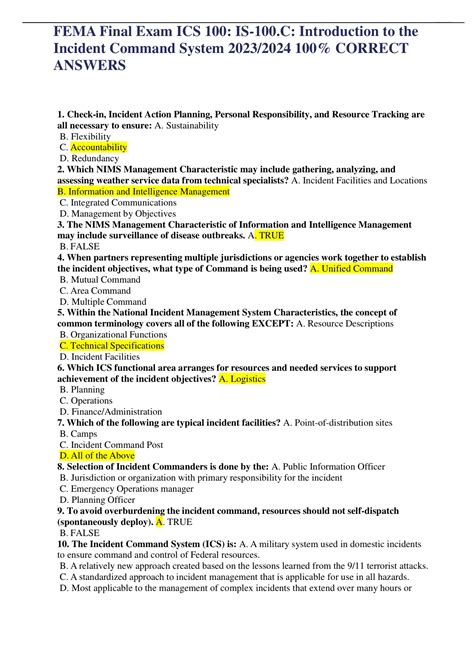 FEMA Final Exam ICS 100: IS-100.C: Introduction to the Incident Command ...
