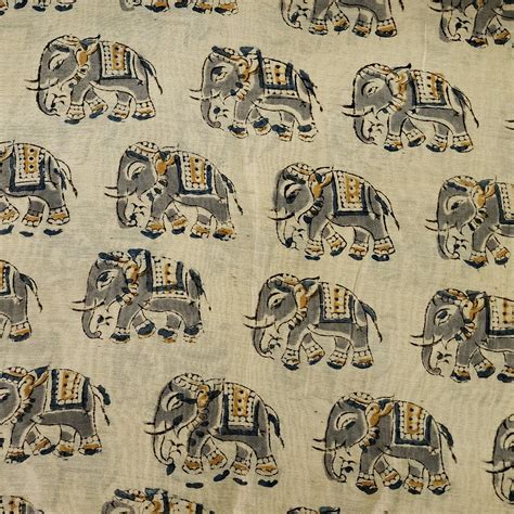 ( Pre-Cut 1.57 Meter ) Chanderi Kalamkari Cream With Blue And Grey Ele ...