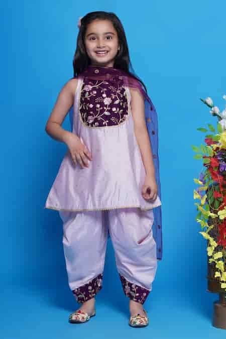 Buy Purple Kurta Chanderi Silk Embroidered Floral Salwar Set For Girls ...