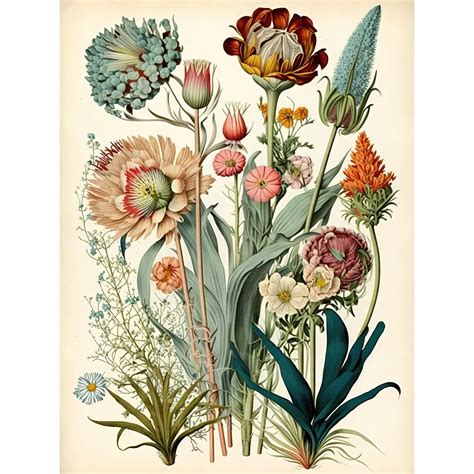 Vintage Botanical Drawings Flower Vase & Botanical Art Print Vintage