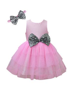 Buy A.T.U.N. Girls Light Pink Round Neck Party Dress with Bow Headband ...