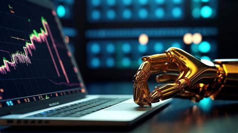 A robotic hand engaged with a laptop, illustrating stock market trends through data visualizations