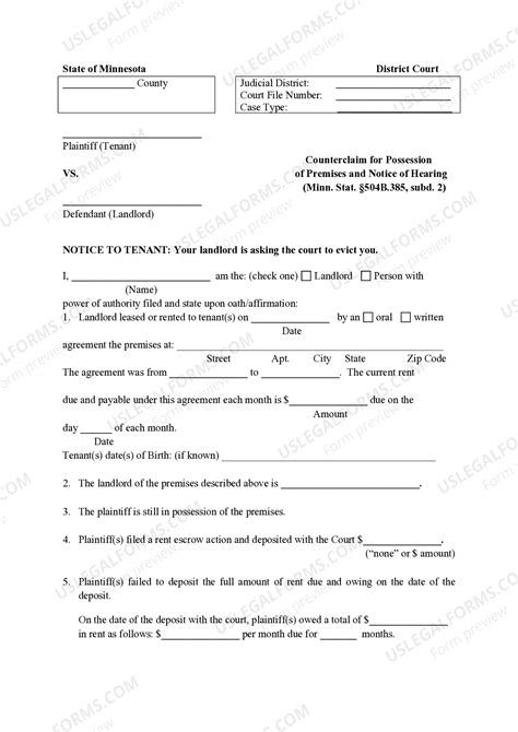 Minnesota Counterclaim for Possession of Premises and Notice of ...