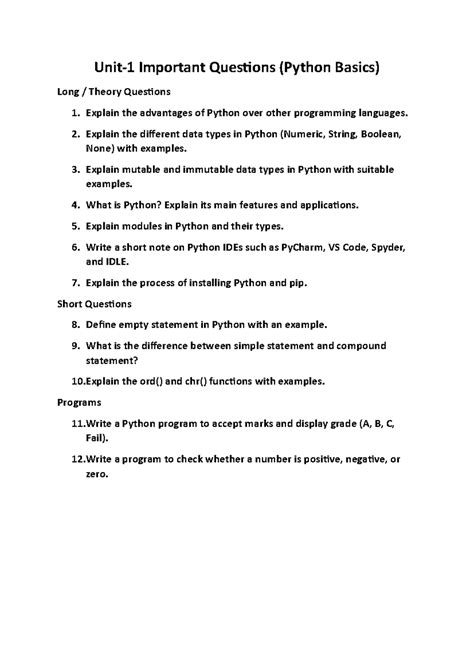 Python Important Questions (Units 1-3) - Theory & Programs - Studocu