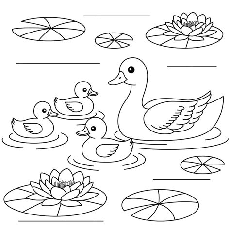 Cute kawaii uma família de patos está nadando em uma lagoa tranquila ...