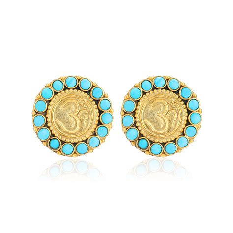 925 Sterling Silver Om Design Turquoise Stone Border Earrings For Wome ...