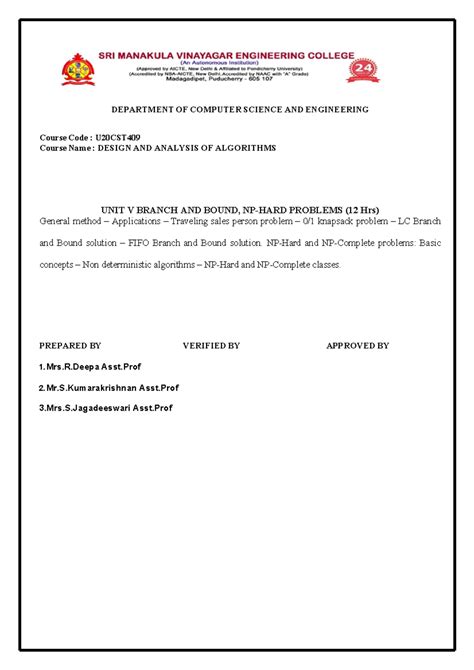 Branch and bound, NP-Hard problems - DEPARTMENT OF COMPUTER SCIENCE AND ...