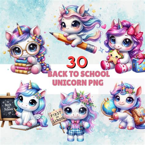 Back to School Unicorn Clipart PNG | 30 Cute Baby Unicorns With Books ...