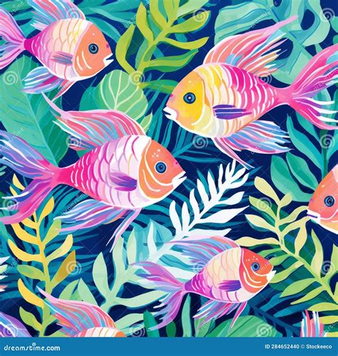 Colorful Tropical Fish Pattern with Vibrant Colors and Palm Leaves ...