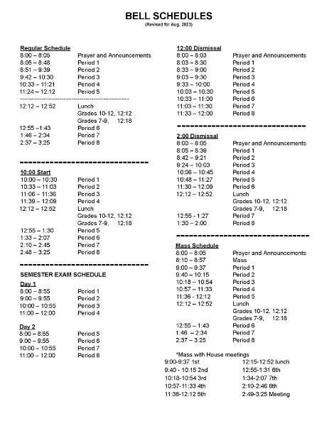 Guardian Angels Central Catholic - High School Bell Schedules