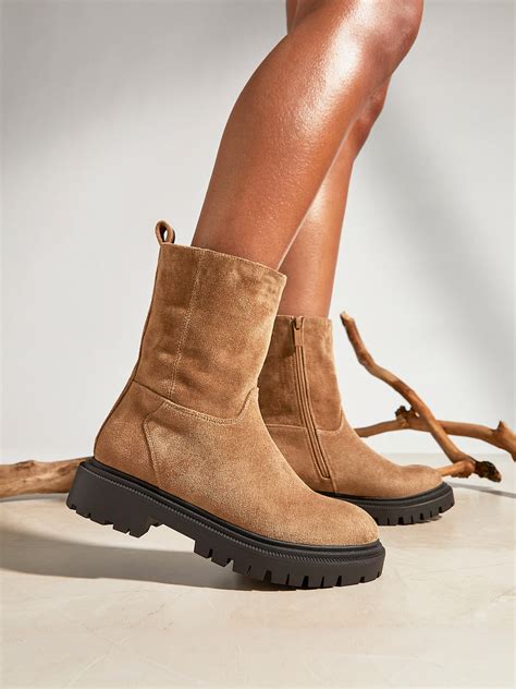 Sand Faux Suede Ankle Boot With Chunky Sole – Linzi