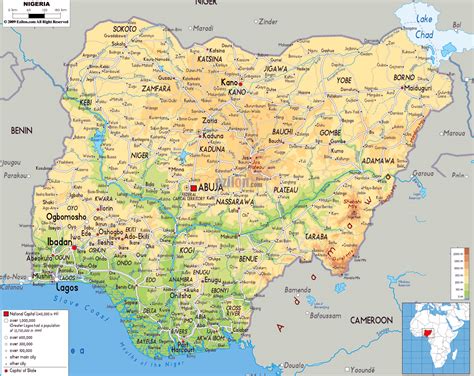 Large physical map of Nigeria with roads, cities and airports | Nigeria | Africa | Mapsland ...