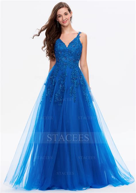 A-line V Neck Tulle Long/Floor-Length Prom Dress With Lace - Prom ...