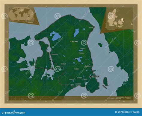 Hovedstaden, Denmark. Physical. Labelled Points of Cities Stock Illustration - Illustration of ...