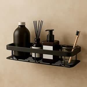 Modern Bathroom Shelf Organizer, Black Metal Wall Mount, No-Drill ...