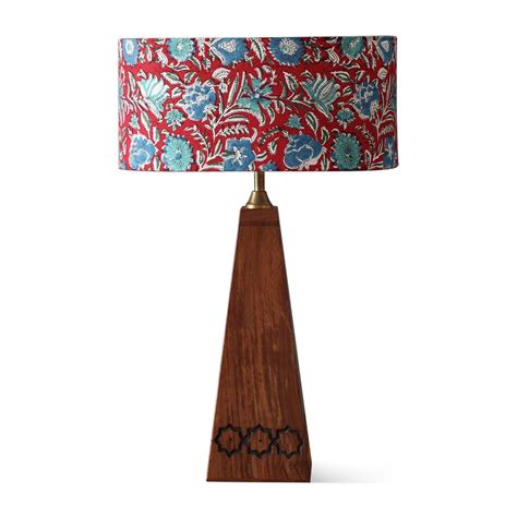 Ajrakh Blockprint Drum Lampshade, 13x9x6, Red & Blue – Eyaas