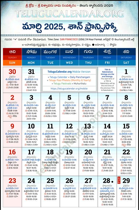 San Francisco Telugu Calendar 2025 March PDF Festivals