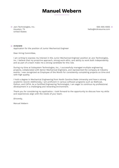 Junior Mechanical Engineer Cover Letter Example | Kickresume