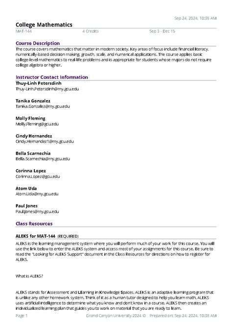 Syllabus for MAT-144: College Mathematics - Fall 2024 - Studocu